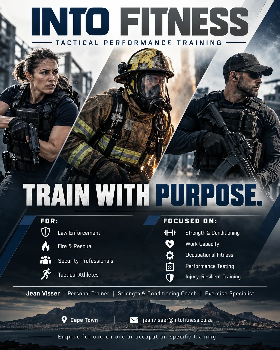 Into Fitness Tactical Performance Training promotional artwork featuring law enforcement, firefighter and tactical professionals